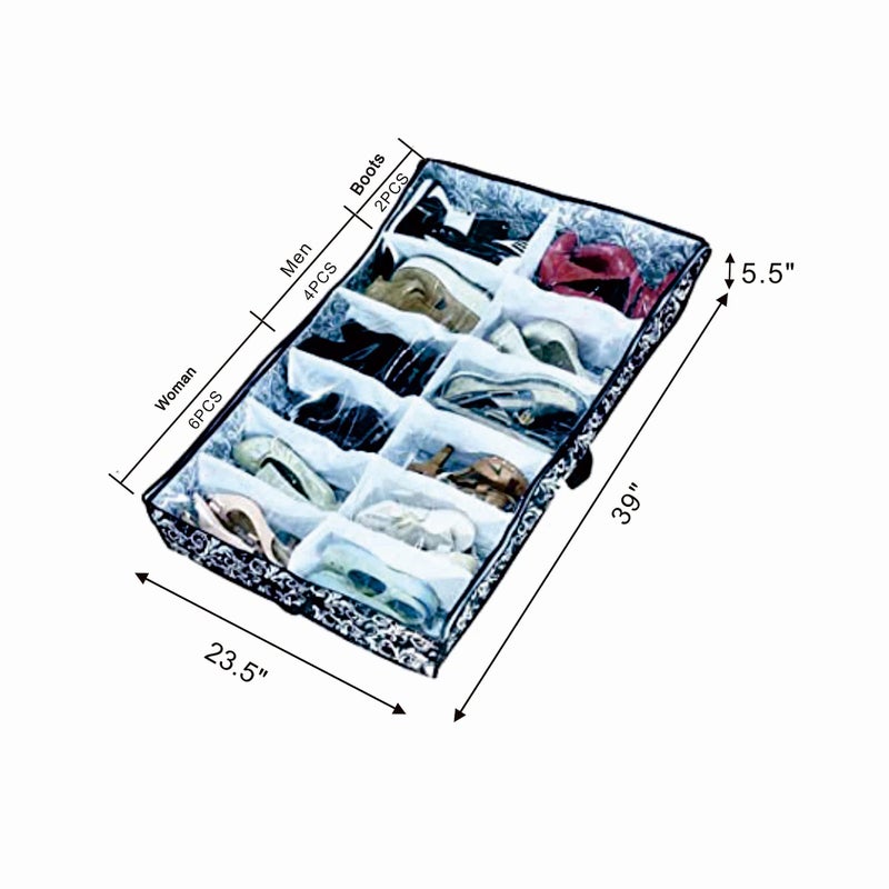 Shonpy Men/Woman 12 Cells See Through Underbed shoes and boots Storage Bag Organizer with black and white flower (black) - Image 2